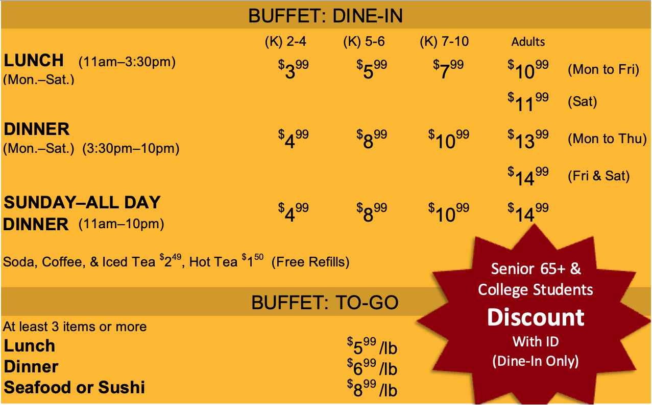 Peking Buffet Prices  Eat-In and To-Go